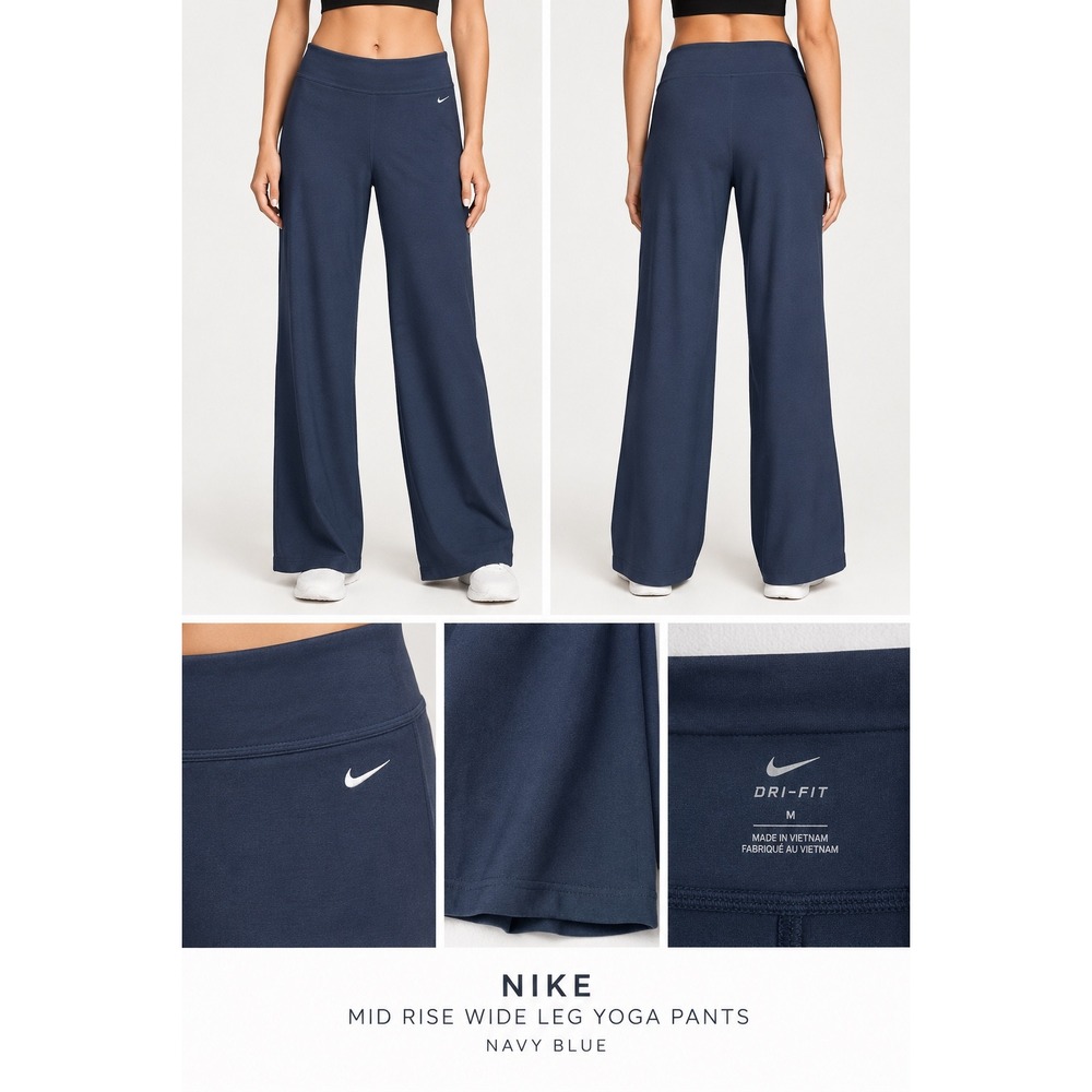 Nike Dri-FIT Mid Rise Wide Leg Yoga Pants Navy Blue M Womens Trousers
